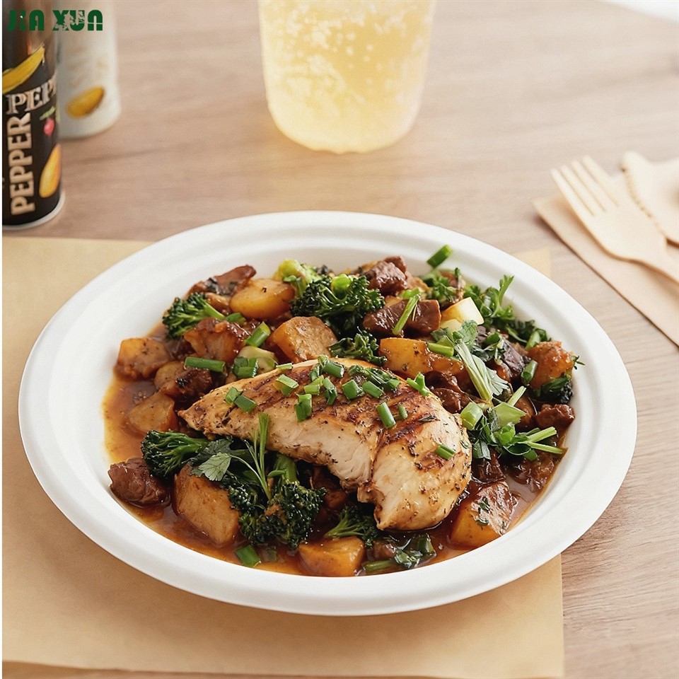 Compostable Sugarcane Plates in Use at a Commercial Catering Event